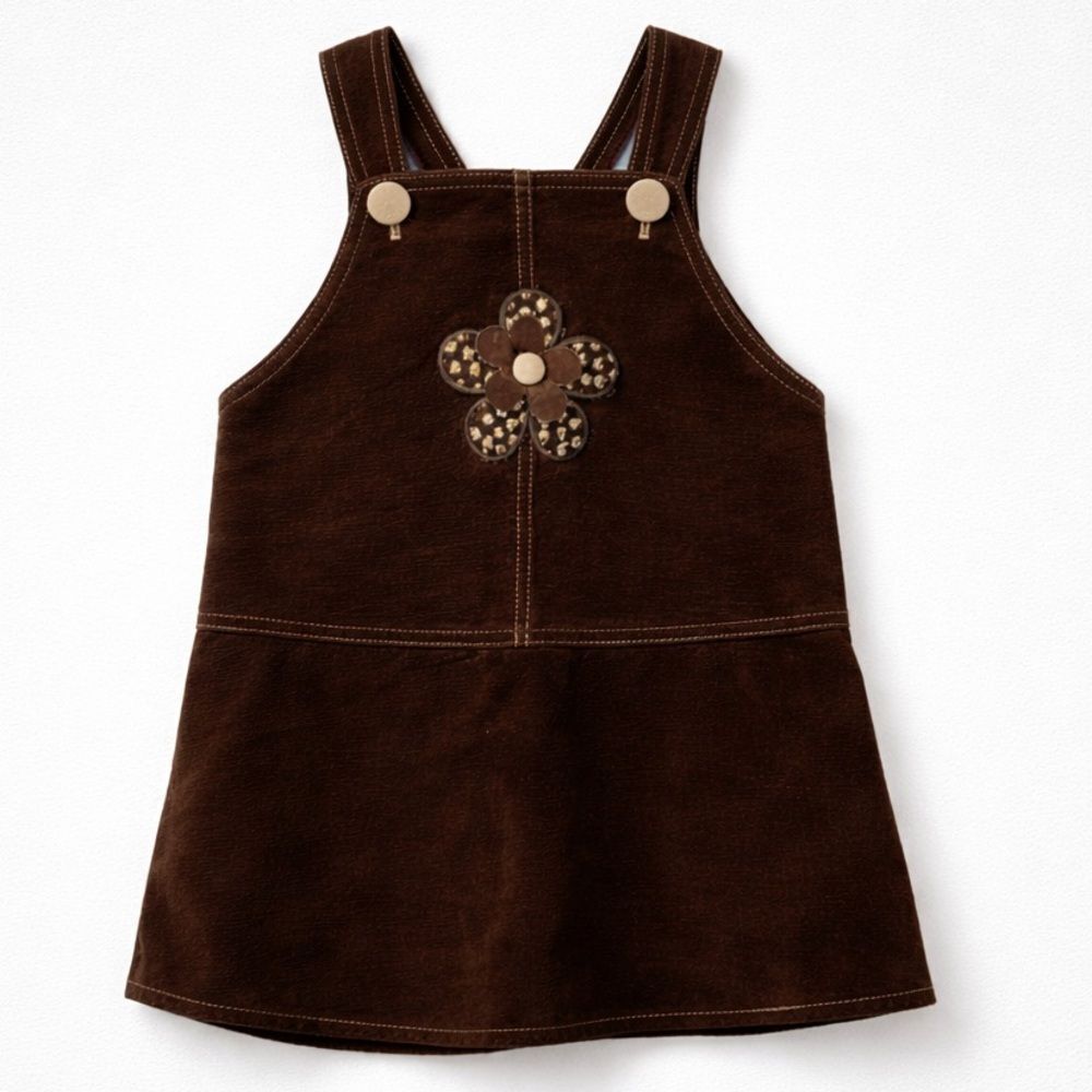 CachCach brown cotton suede floral appliqué jumper overall dress size 4T